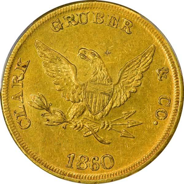 1860 $20 Clark, Gruber, & Co. pioneer gold piece reverse