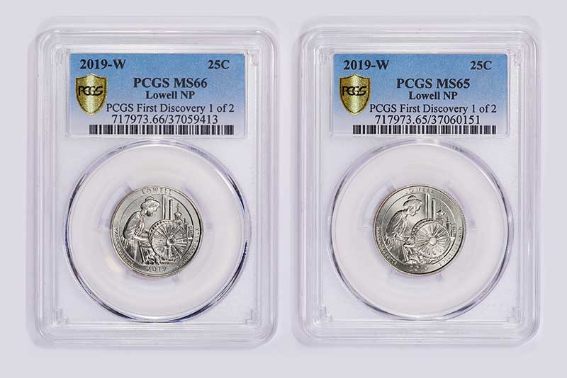 The two Quarter Quest-winning PCGS First Discovery 2019-W Lowell quarter dollars side-by-side.