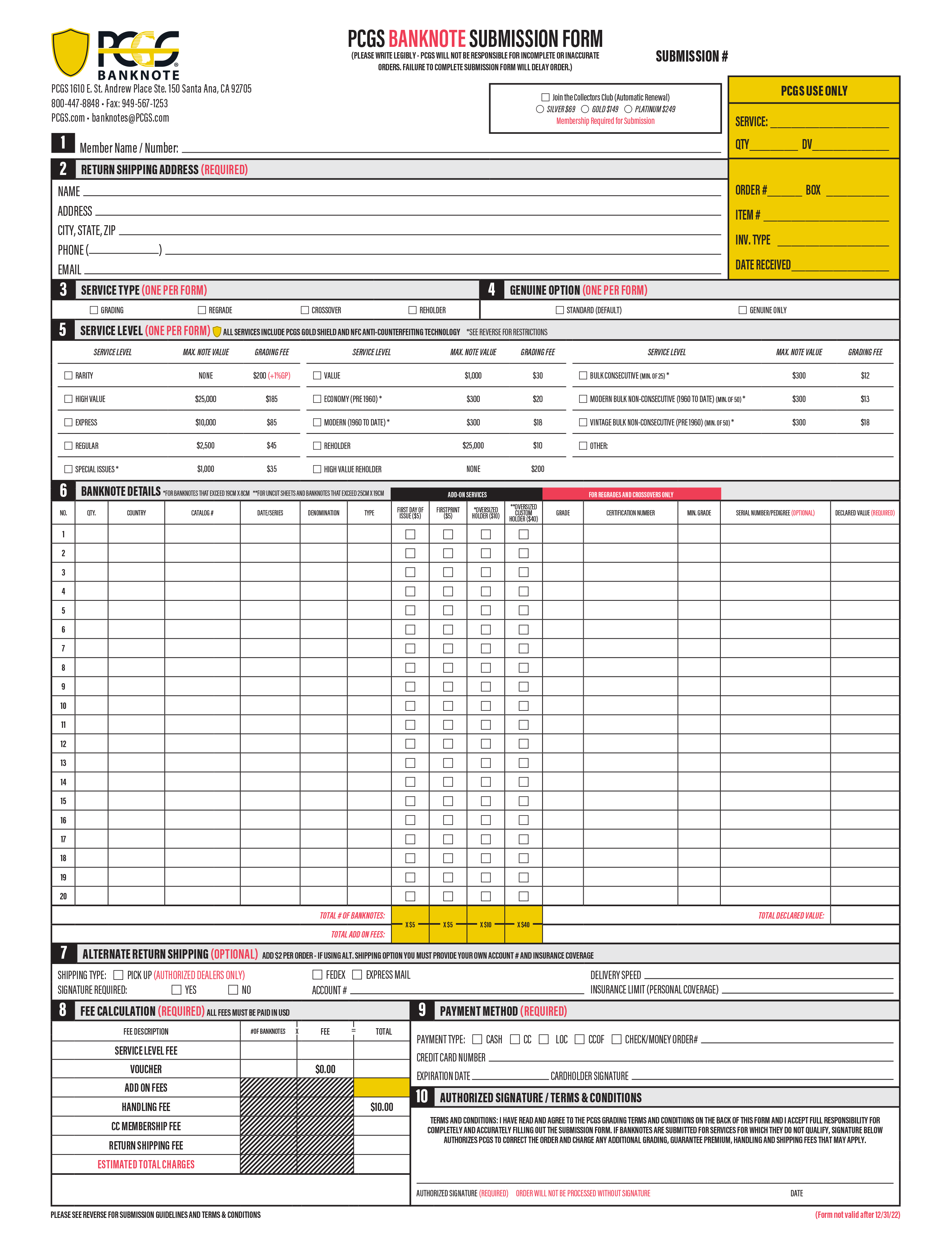 PCGS Submission Form