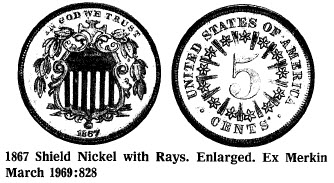 1867 Shield Nickel with Rays