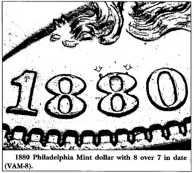 1880 Philadelphia Mint dollar with 8 over 7 in date